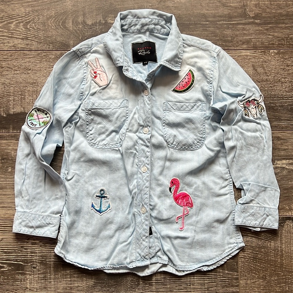 Girls Rails Denim Button Down Collared Shirt with Patches 4-5